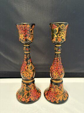 Russian Khokhloma Wooden Candlesticks Set of 2 Black Lacquer Strawberries/Leaves